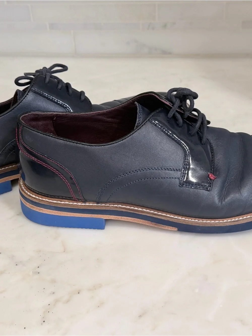 Ted Baker London Navy Leather Cap-Toe Derbys with Brown Welt